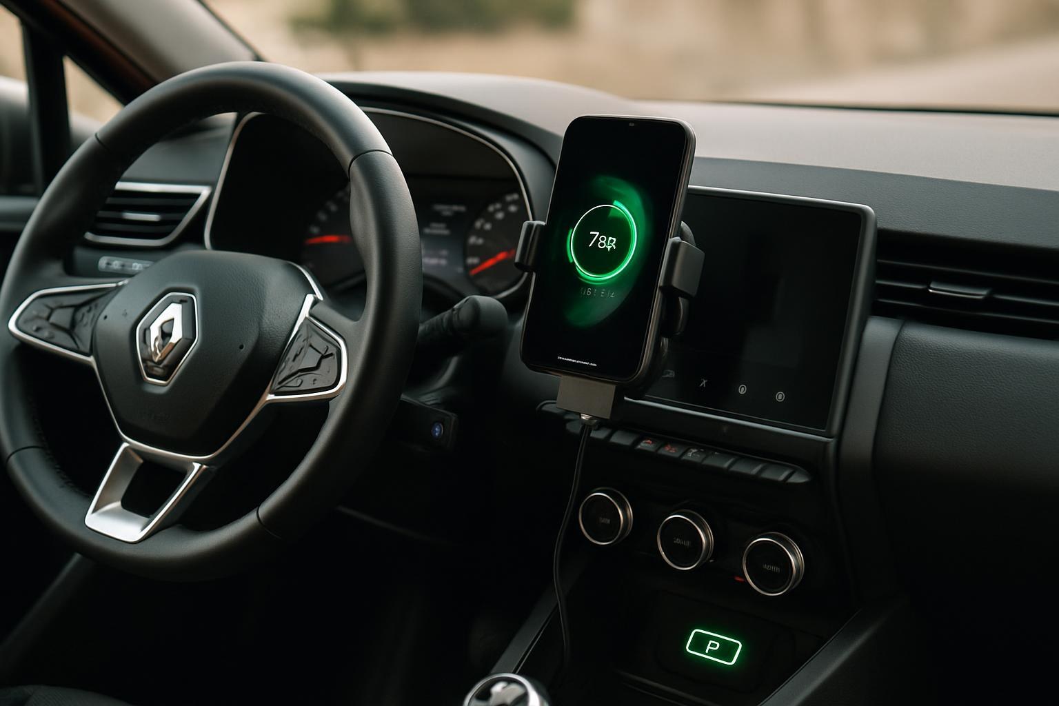 Renault Clio iç konsolunda telefon tutucu ve kablosuz şarj cihazı ile sabitlenmiş akıllı telefon
