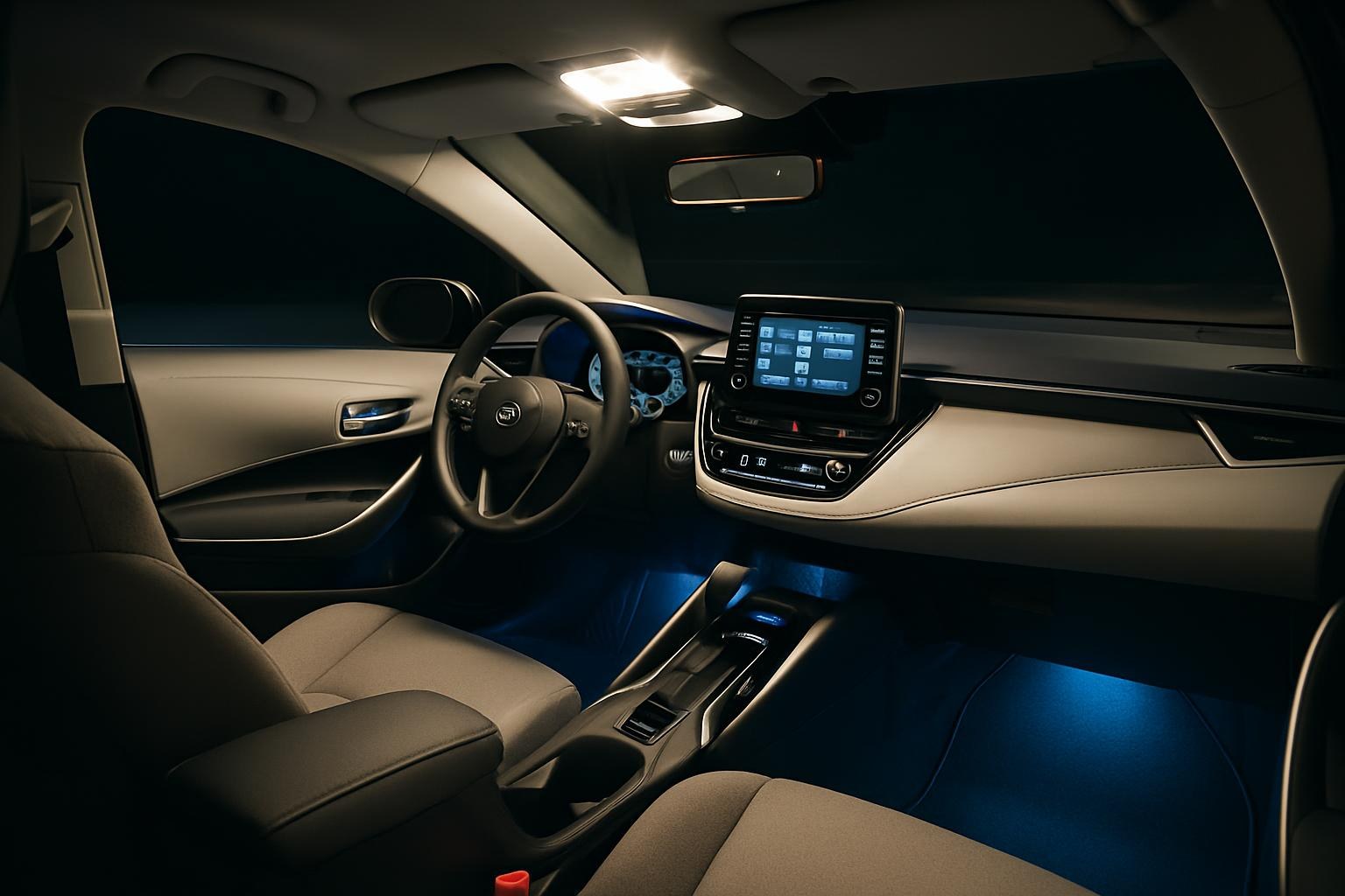 Toyota Corolla iç mekanında LED aydınlatma ve konfor aksesuarları