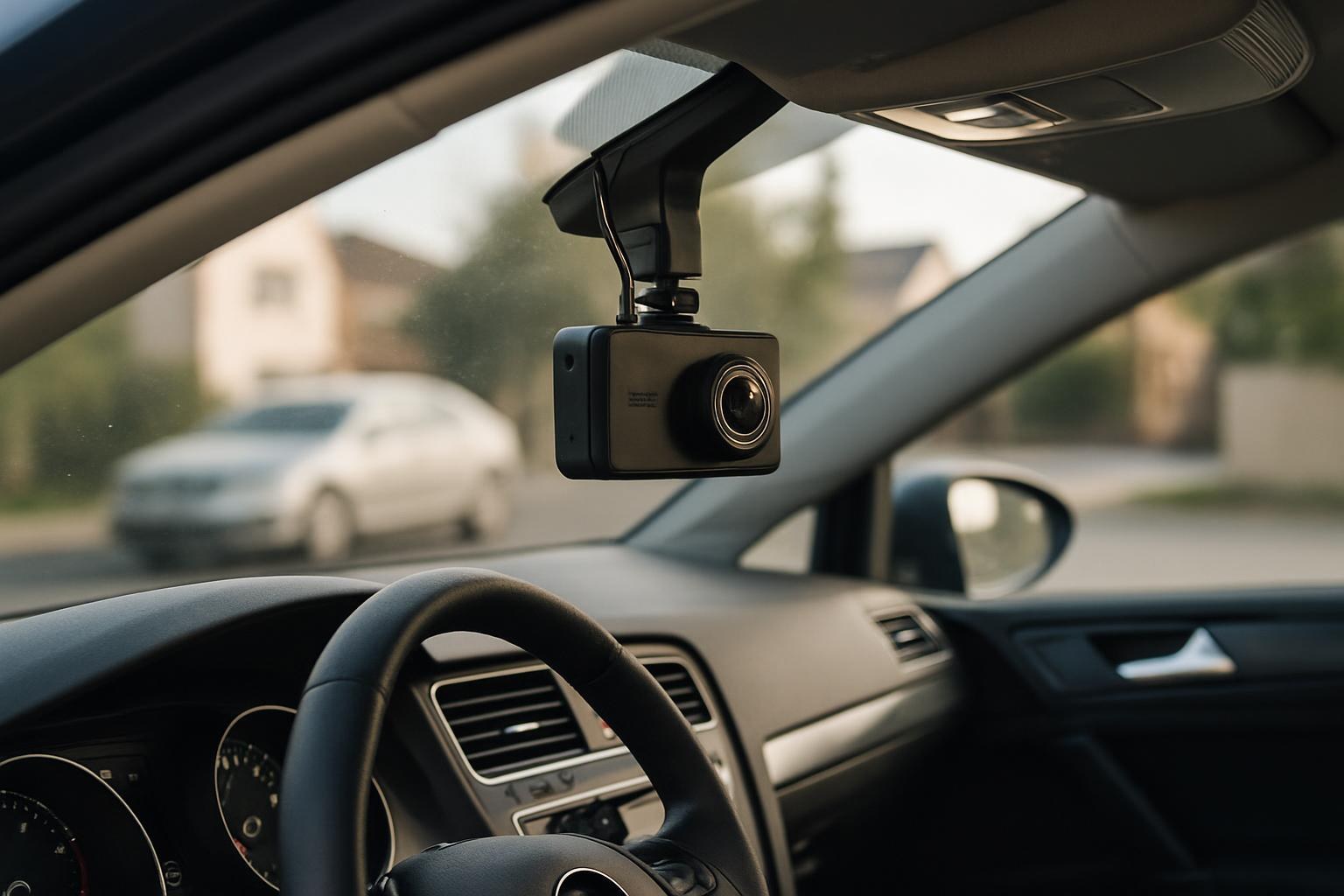 Volkswagen Golf aracında ön cam üst orta kısmına monte edilmiş dashcam cihazı
