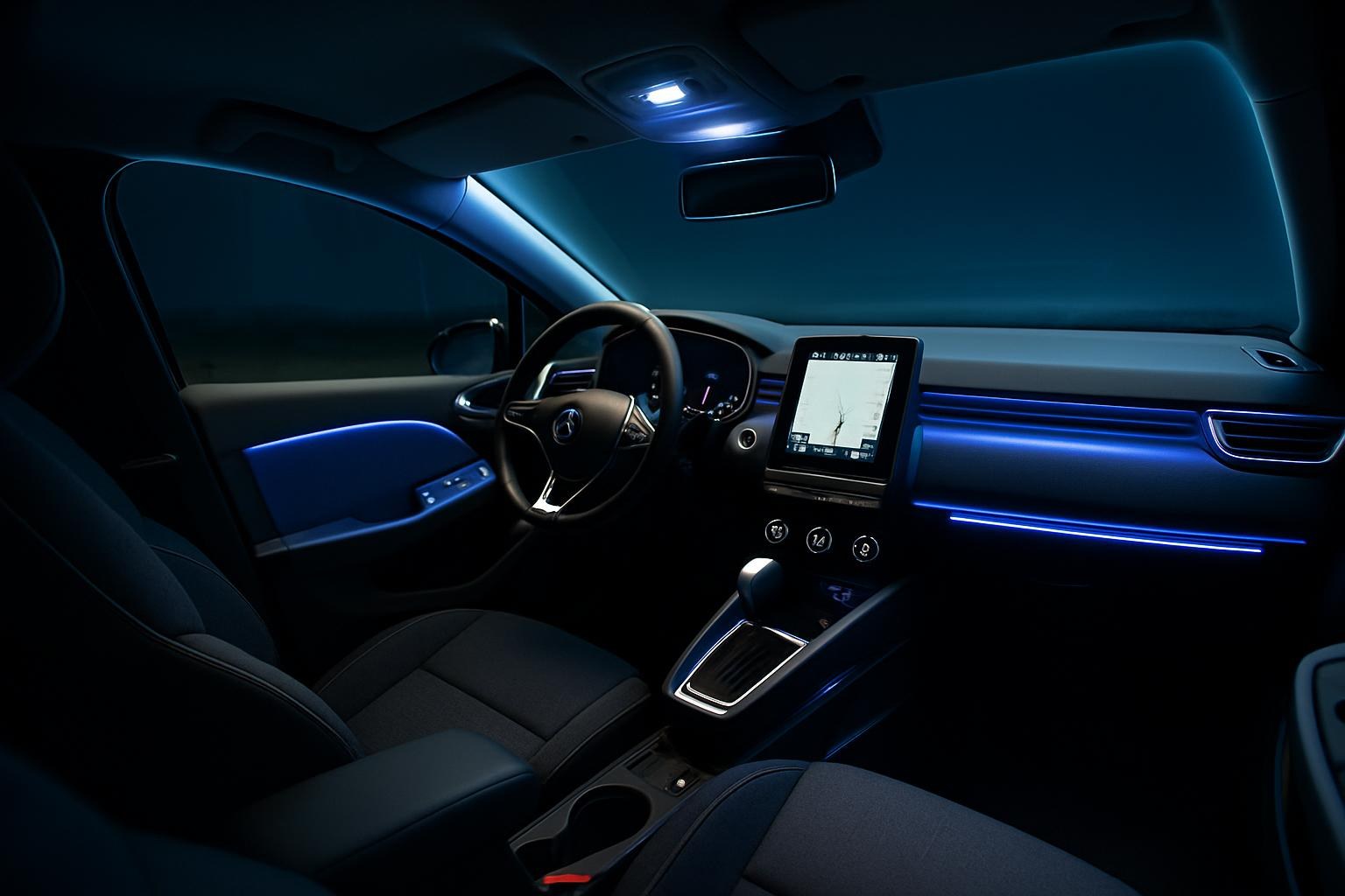 Renault Clio iç mekanında LED iç aydınlatma sistemi ile aydınlatılmış modern ve şık araç içi görüntüsü