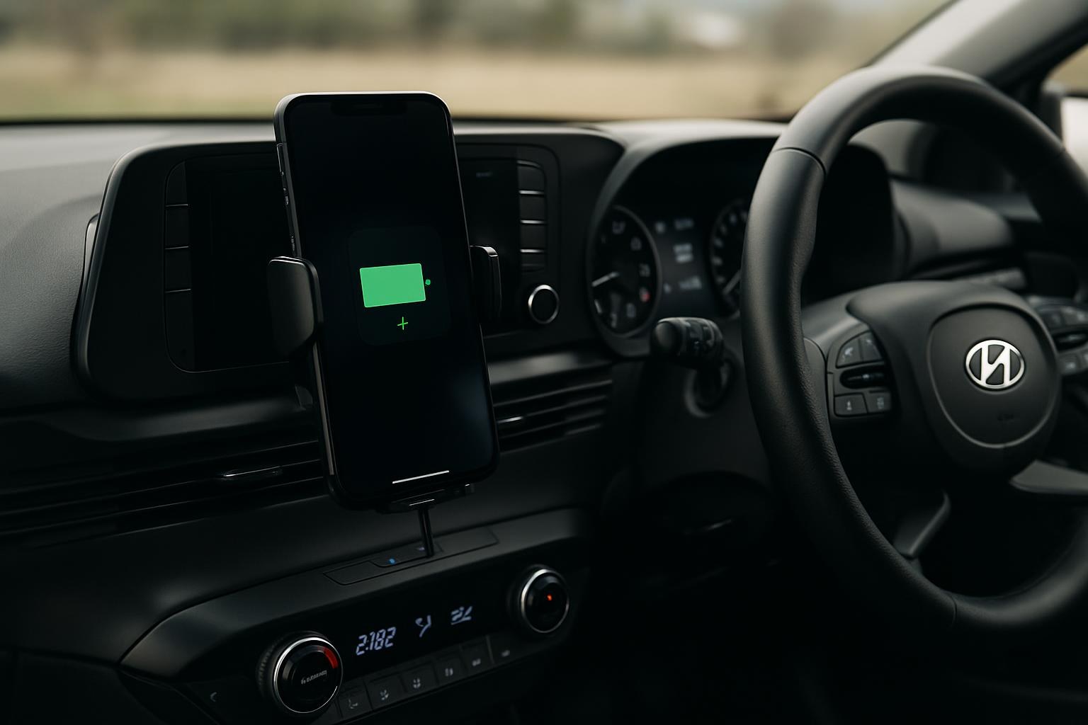Hyundai i20 ön konsolunda kablosuz şarj destekli telefon tutucu ile şarj olan telefon