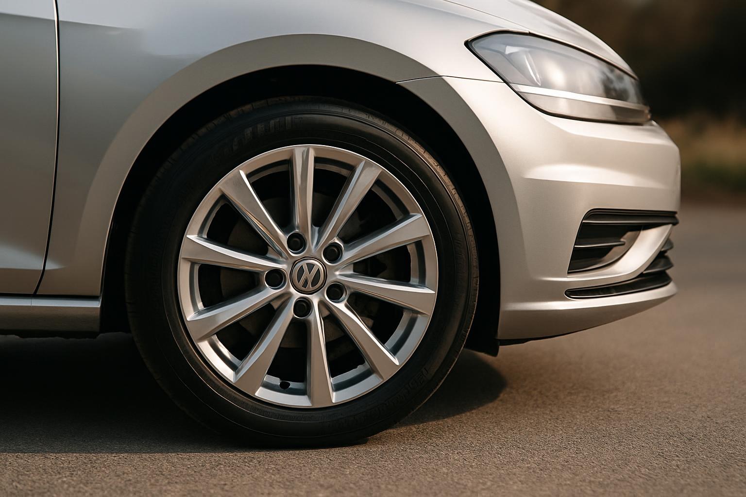 Volkswagen Golf aracının jant ve lastik detayları, parlak jant ve lastik yanak ölçüsü görünümü