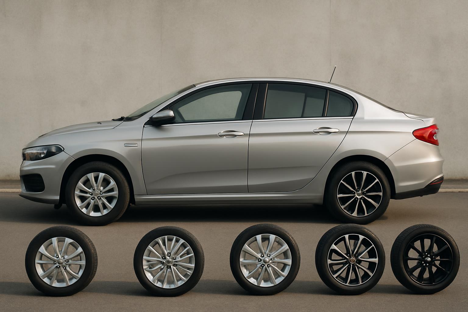 Fiat Egea aracı üzerinde çeşitli jant ve lastik modelleri gösterimi