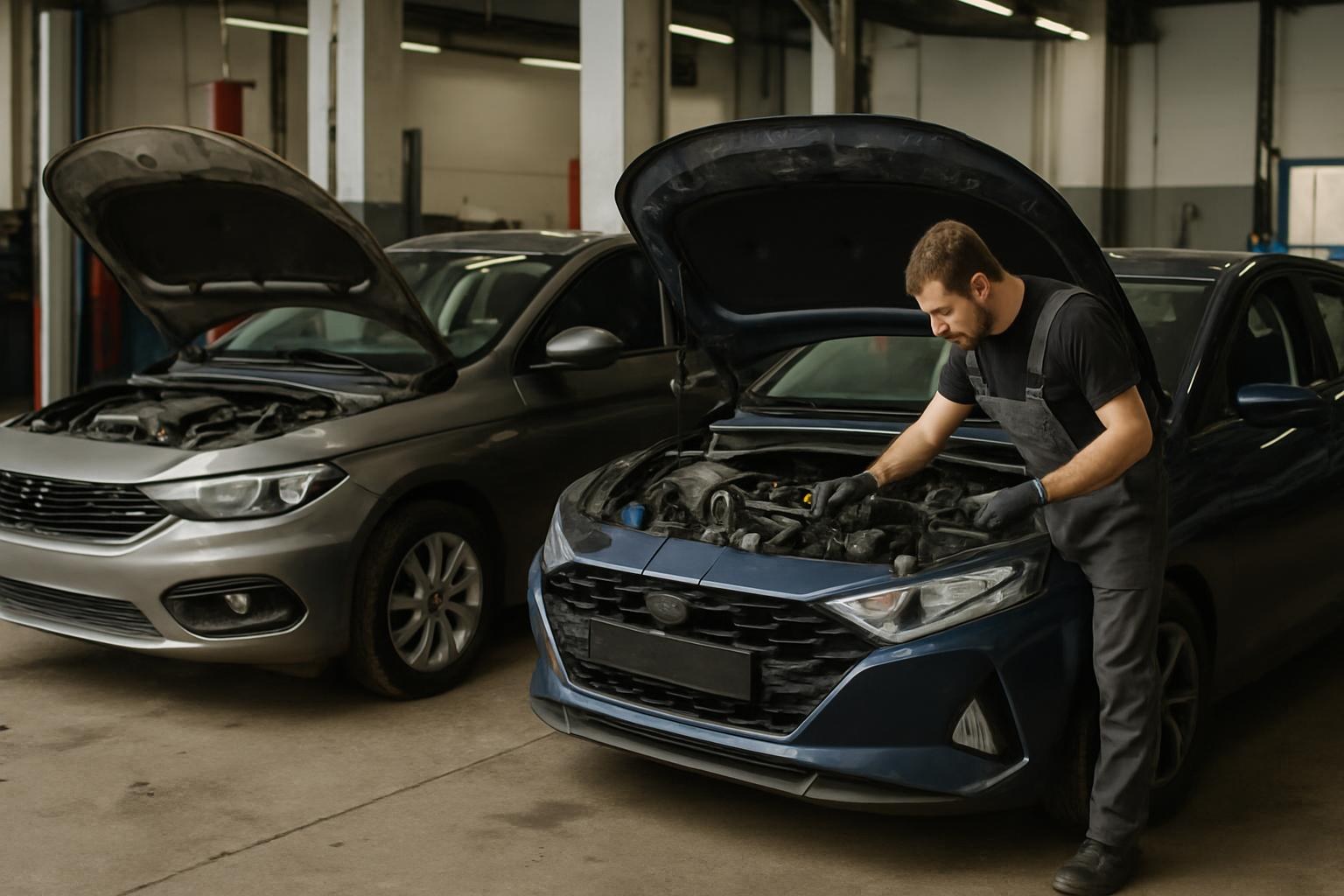 Fiat Egea ve Hyundai i20 araçlarının bakımda motor kapakları açık halde oto servis ortamında görüntüsü